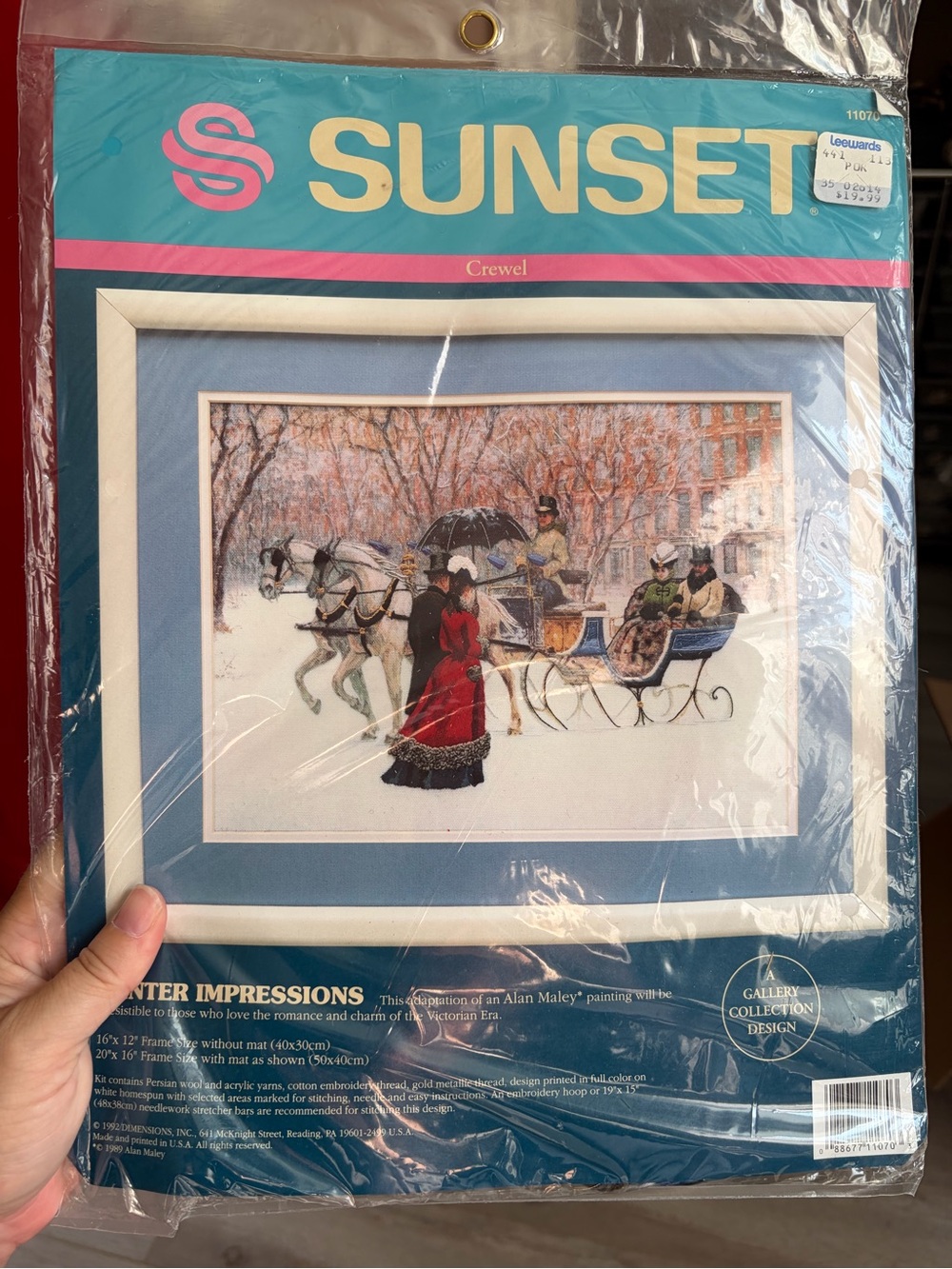 SUNSET Home Accents Winter Scene Framed Crewell Artwork – Blue and White